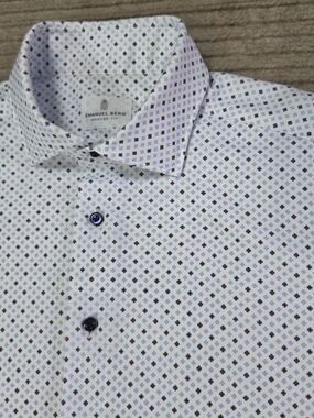 Emmanuel Berg Cotton Spread Collar Shirt Size M, White/ Blue Geometric. EUC